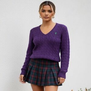 Ralph Lauren Vintage Y2K Sport Women's V-Neck Cable Knit Sweater Purple Size S